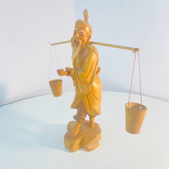 Vintage Hand Carved Wooden Asian Carrying Water Figurine Chinese Sculpture 10" - Picture 9 of 16